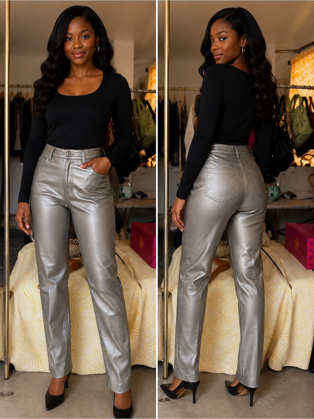 High-Rise Metallic Straight Leg Pants — Silver